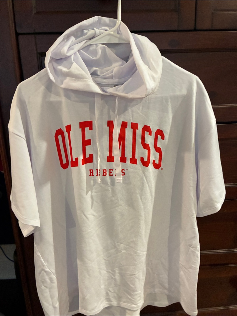 White Ole Miss Hooded Tee with Red Collegiate Script